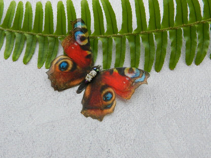 Peacock eye and Orange Forester silk butterflies hair clips