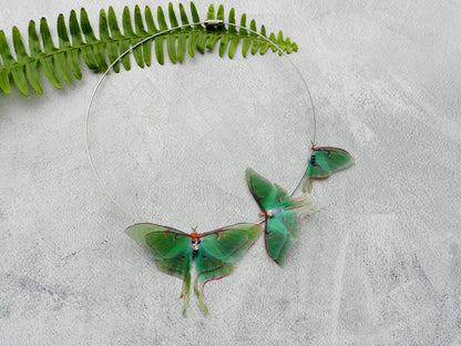 Luna moth choker necklace with silk butterflies