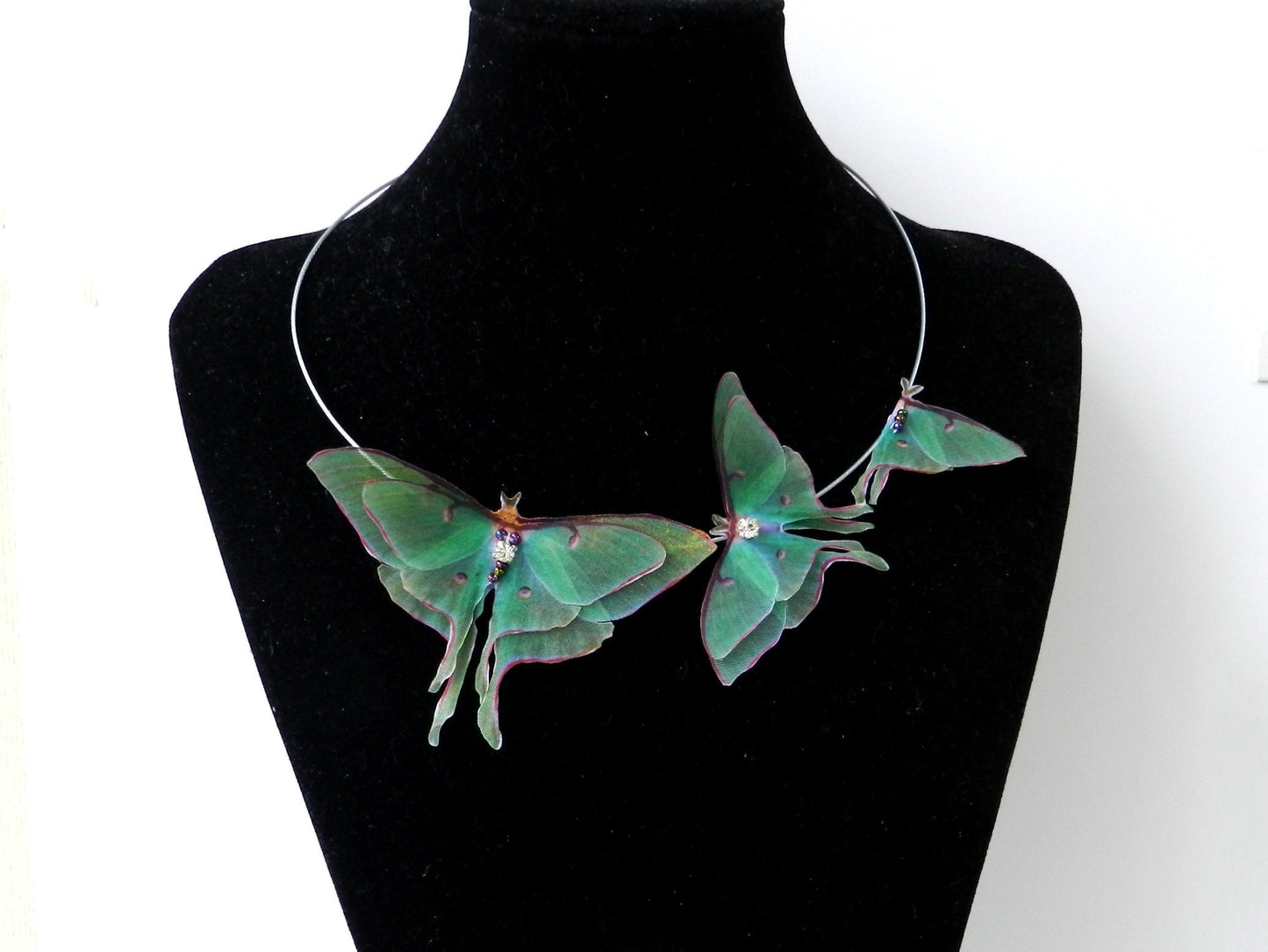 Luna moth choker necklace with silk butterflies