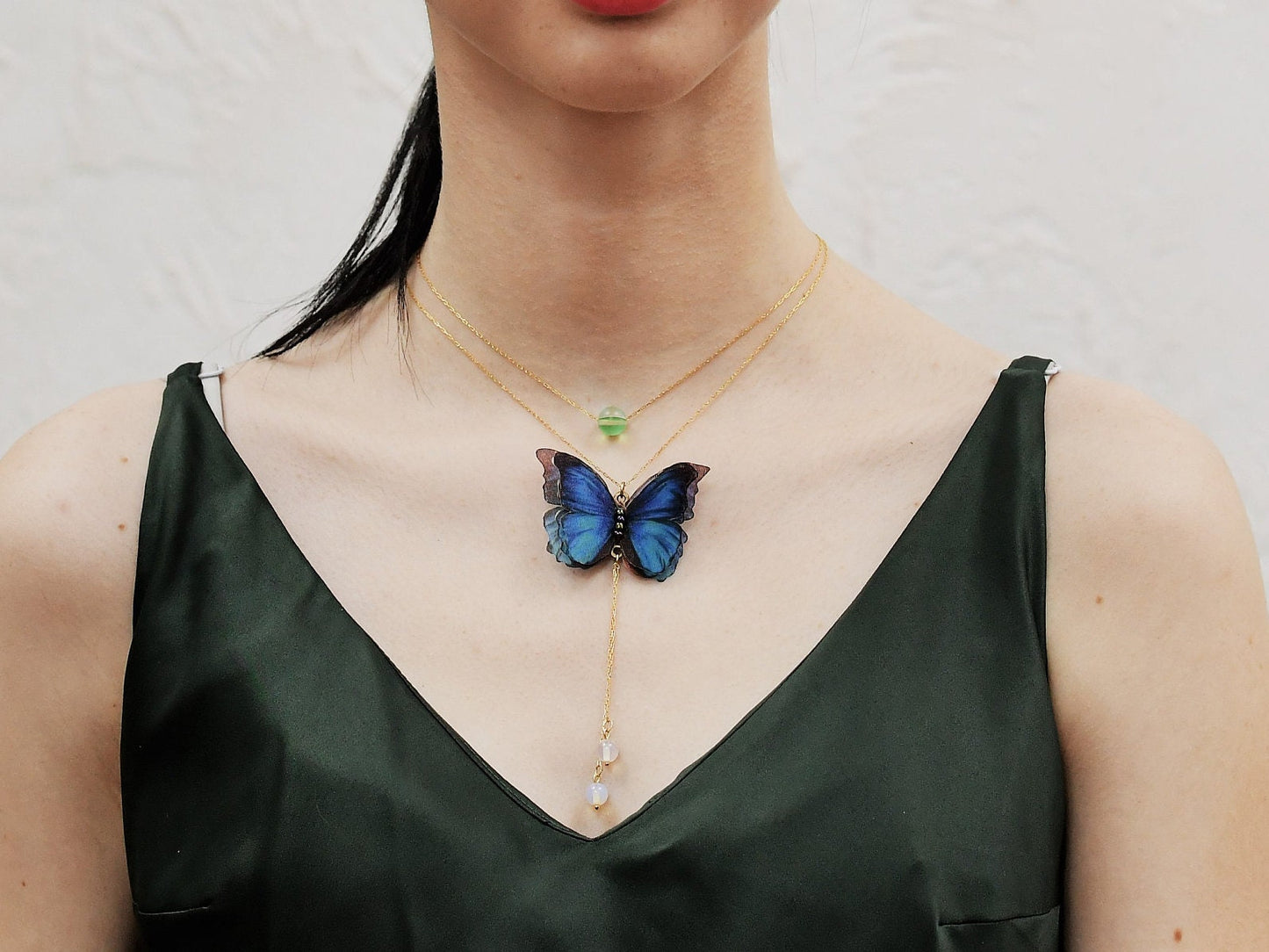 Silk butterfly moonstone layered necklace set