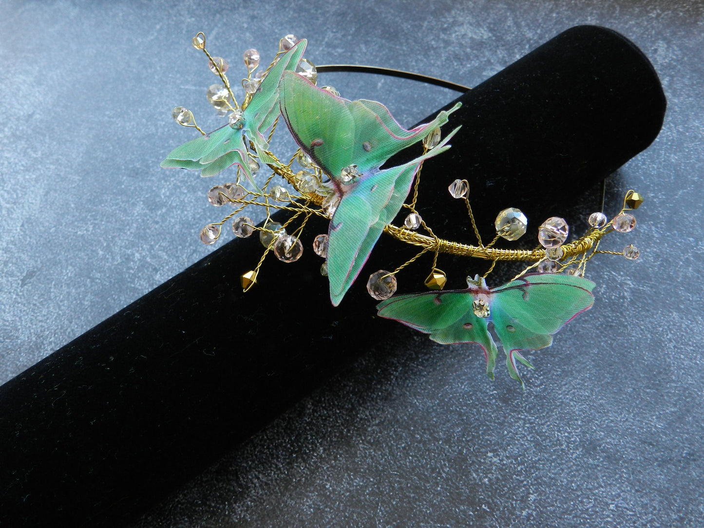 Silk Luna moth butterfly headband with crystals