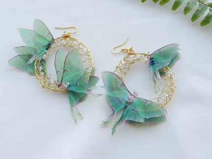 una moth butterfly hoop earrings with crystals