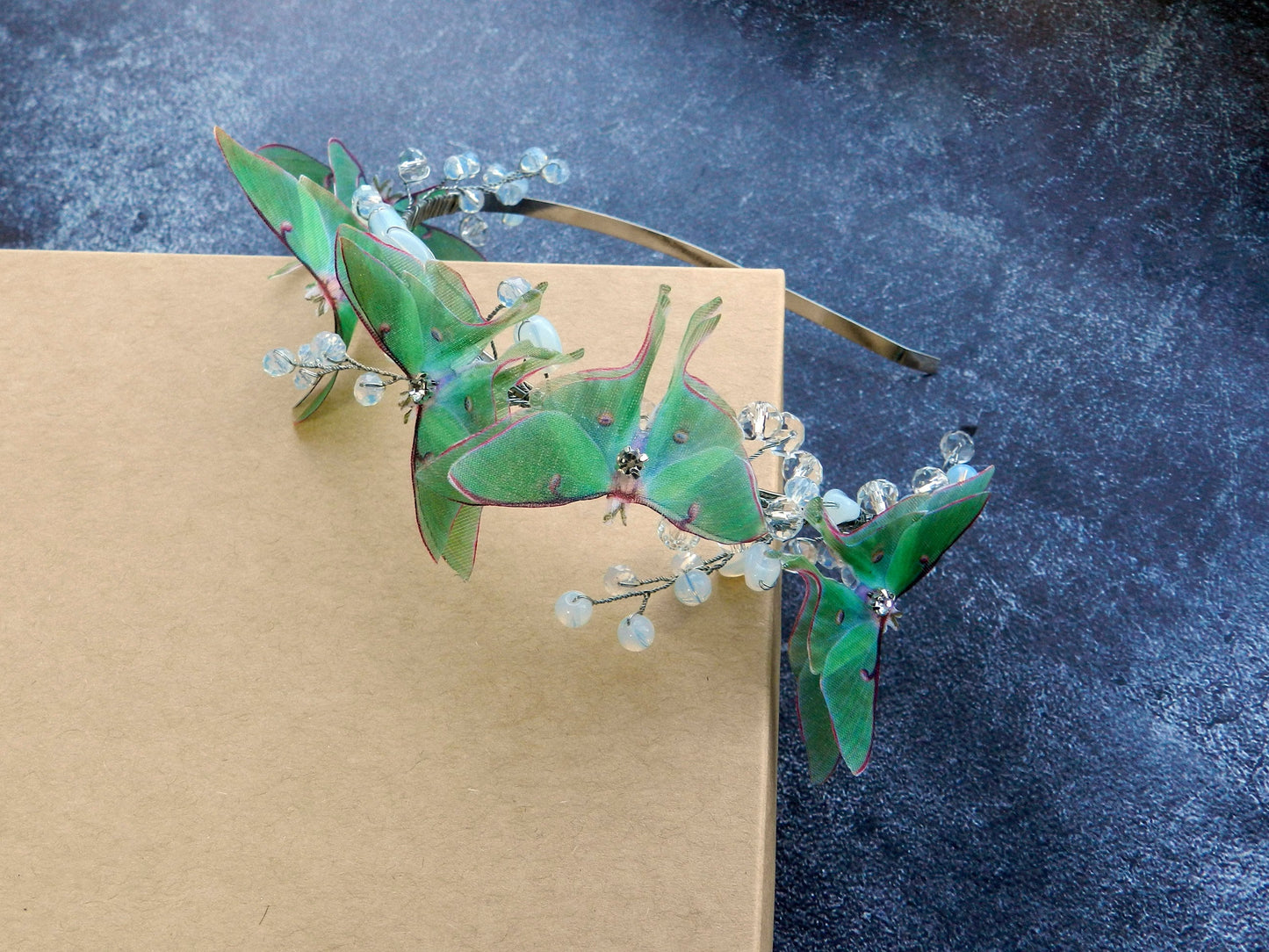 Luna moth moonstone crystals and gold wire headband