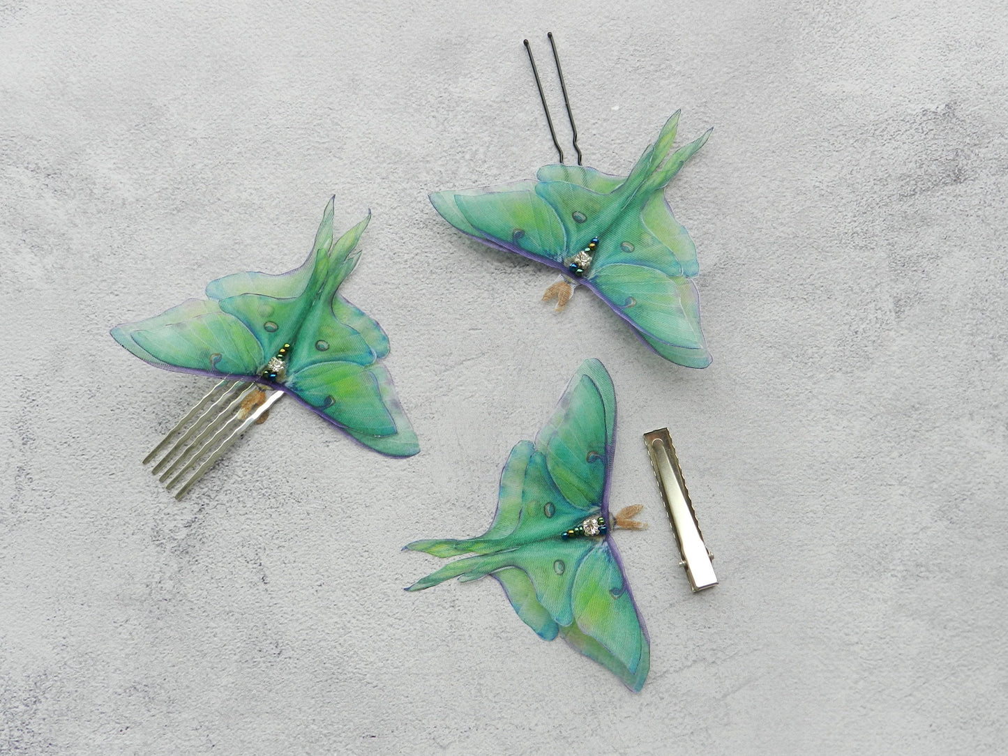 Silk luna moth hair clips pins or comb