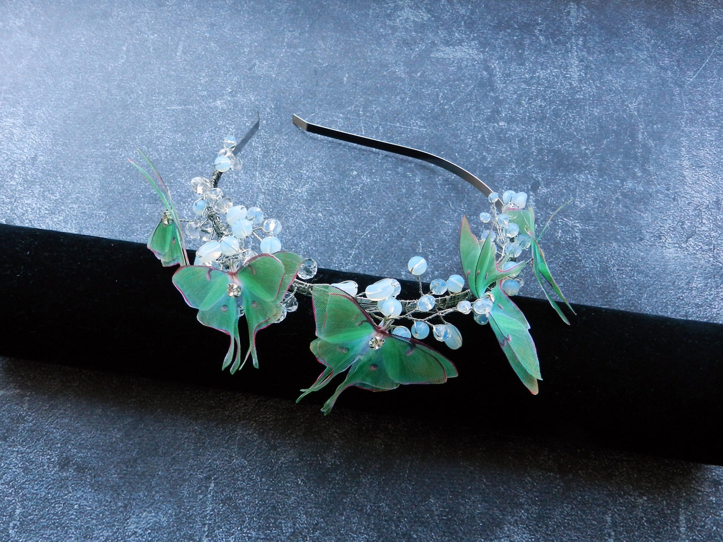 Luna moth moonstone crystals and gold wire headband