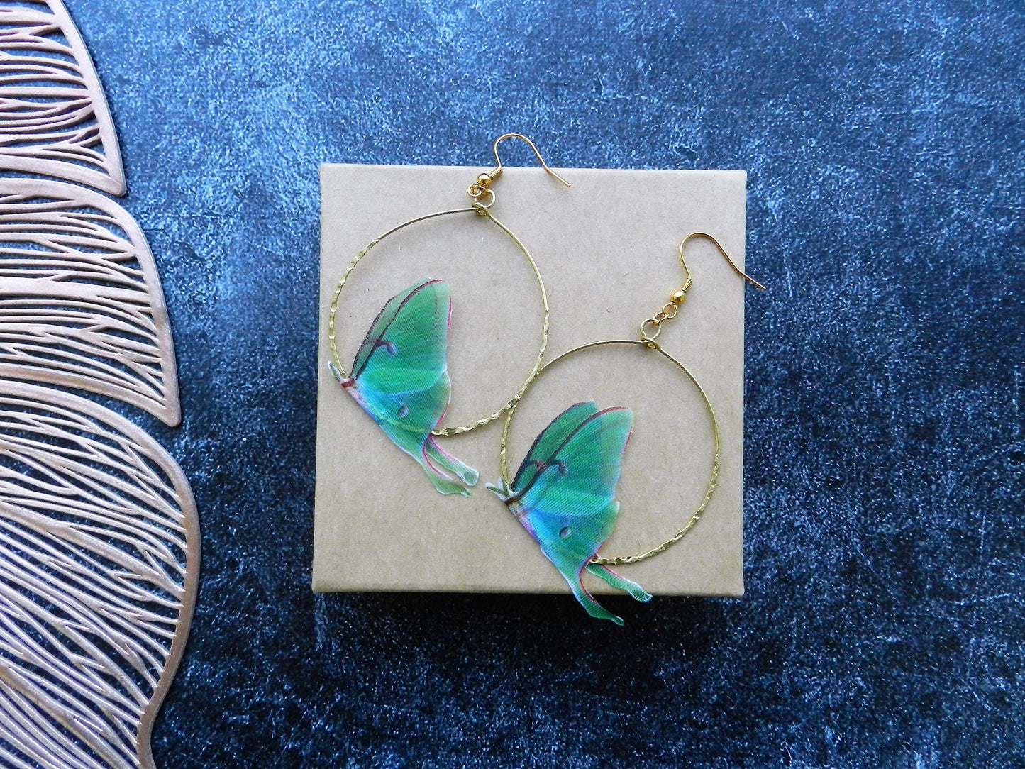 Luna moth butterflies hoop earrings and pendant necklace