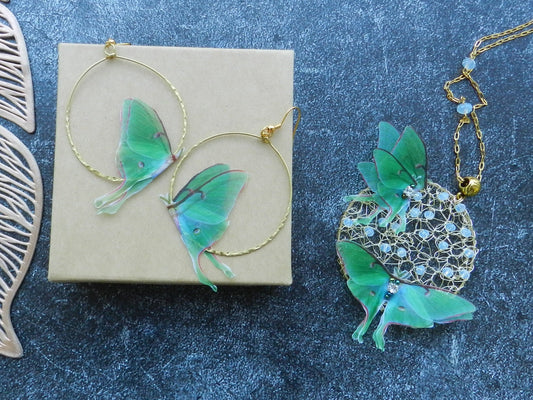 Luna moth butterflies hoop earrings and pendant necklace