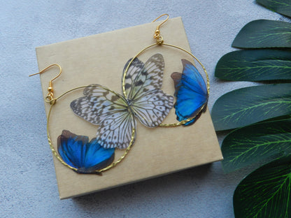 Silk blue butterflies hoop earrings