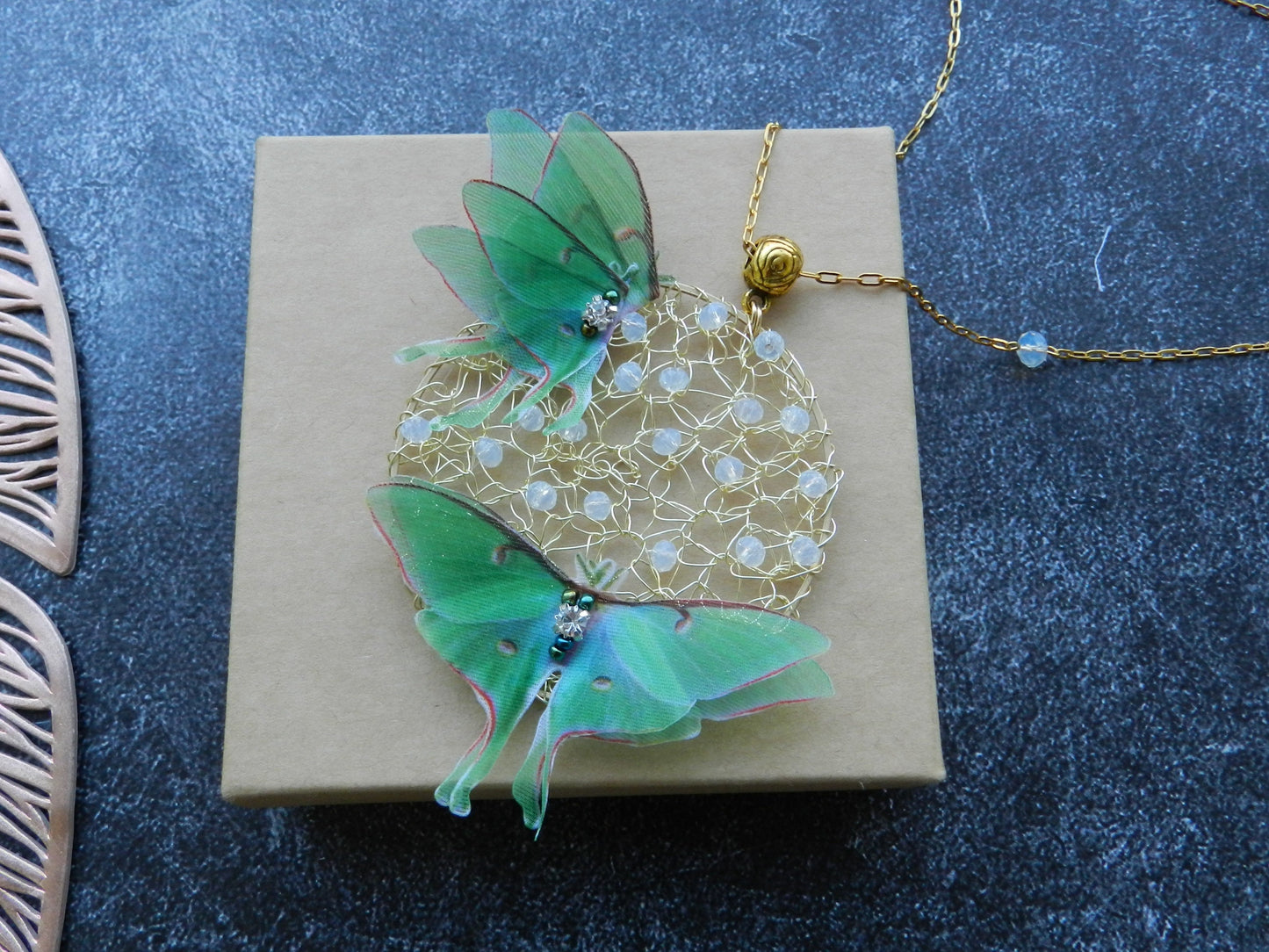 Luna moth butterflies hoop earrings and pendant necklace