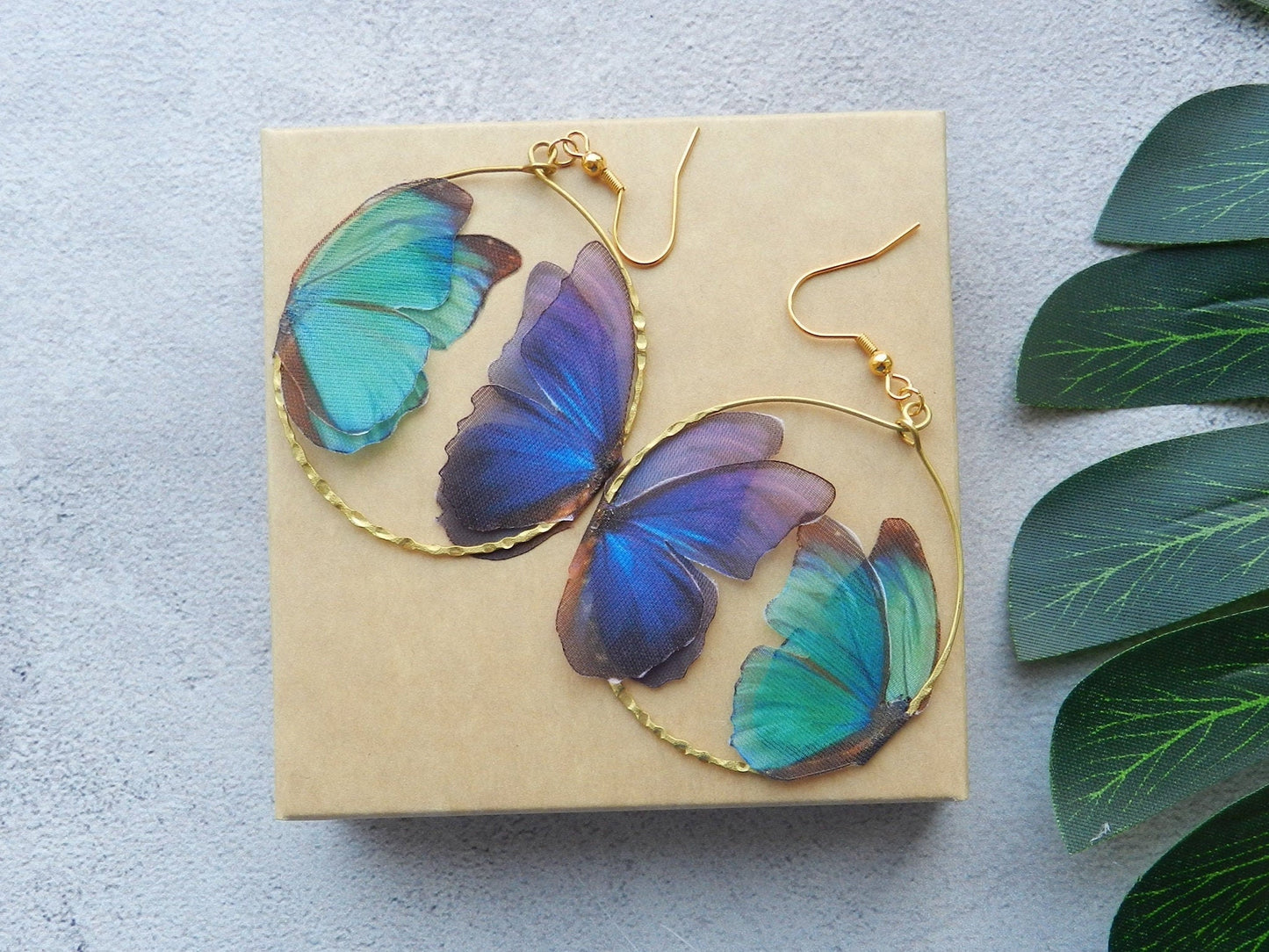 Silk blue butterflies hoop earrings