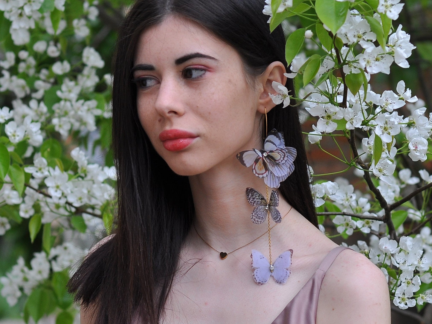 Silk butterflies extra long drop earrings