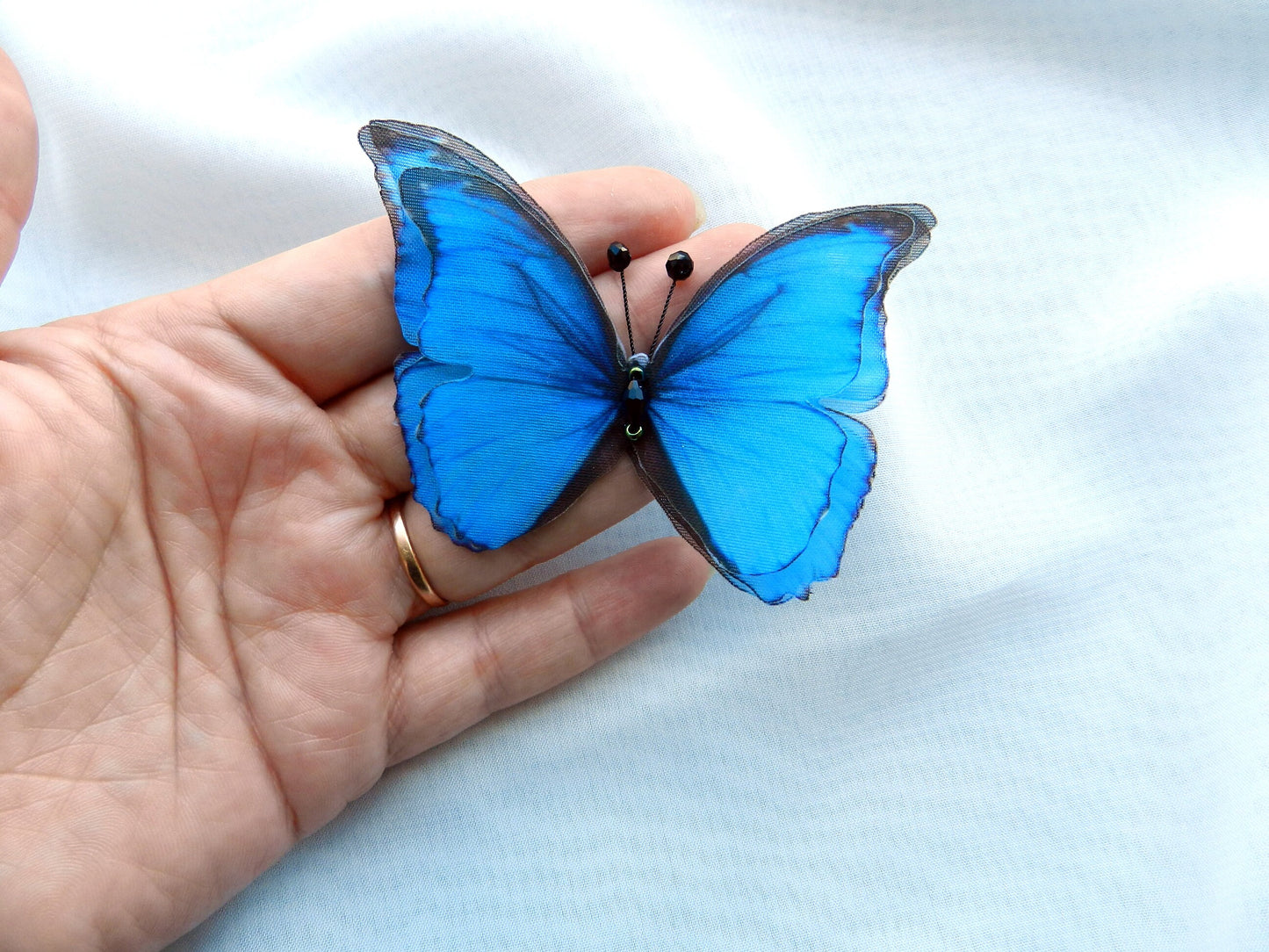 Morpho blue silk butterfly hair clips, pins or brooch