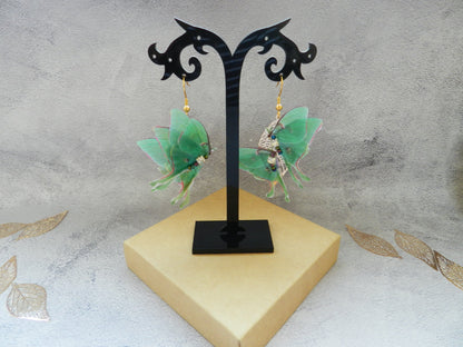 Luna moth butterfly mismatched drop earrings