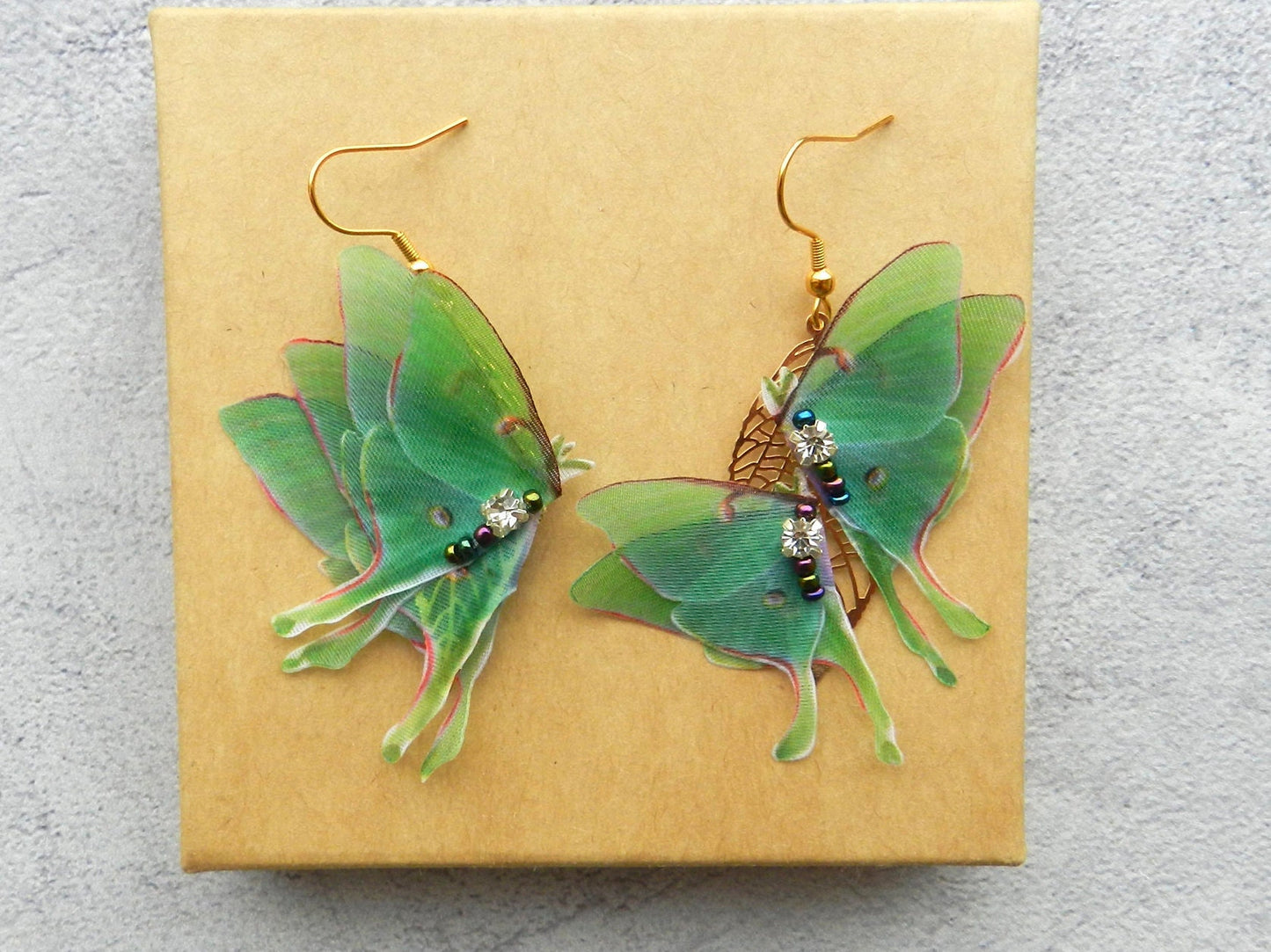 Luna moth butterfly mismatched drop earrings