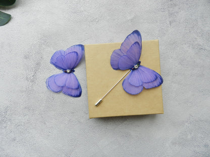 Purple silk butterfly hair clips, pins or brooch