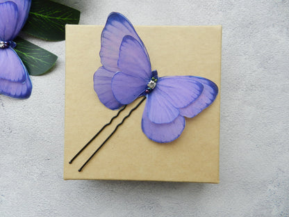 Purple silk butterfly hair clips, pins or brooch