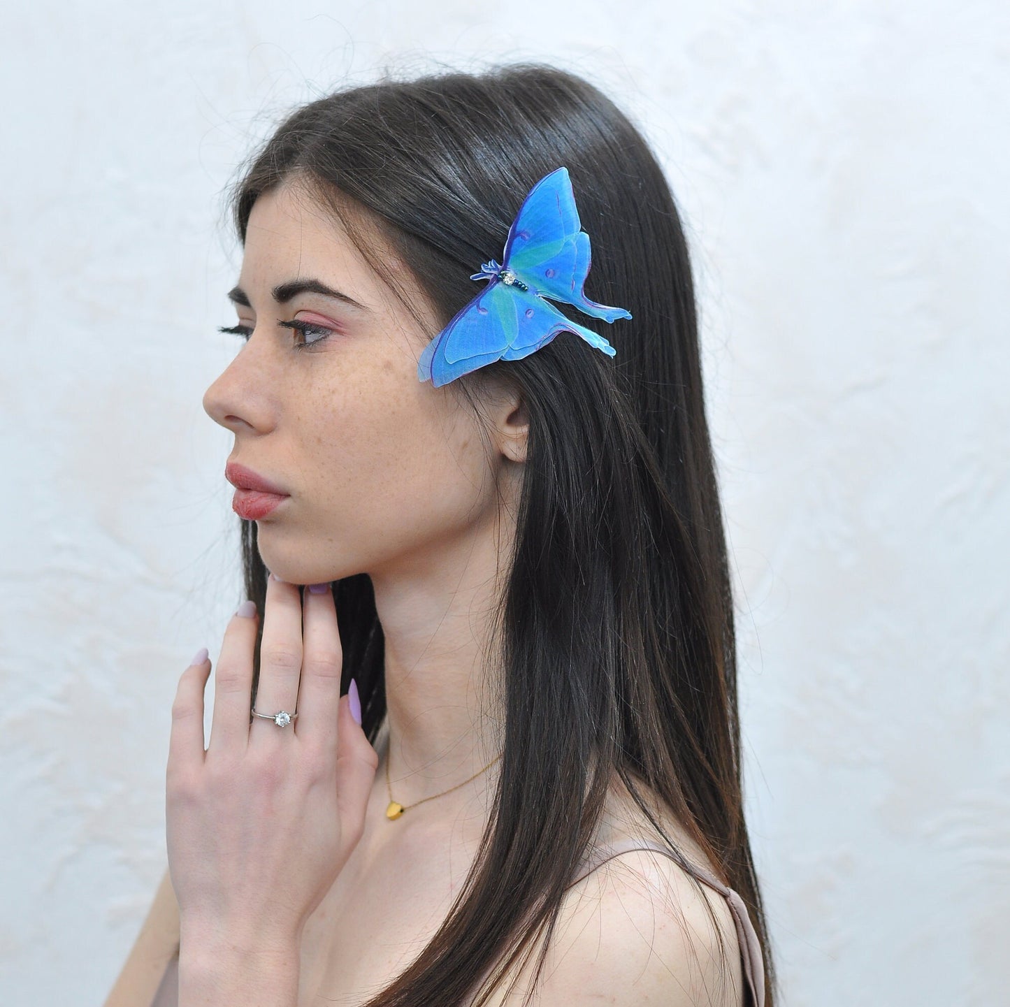 Silk blue luna moth hair clips with 3d layered wings