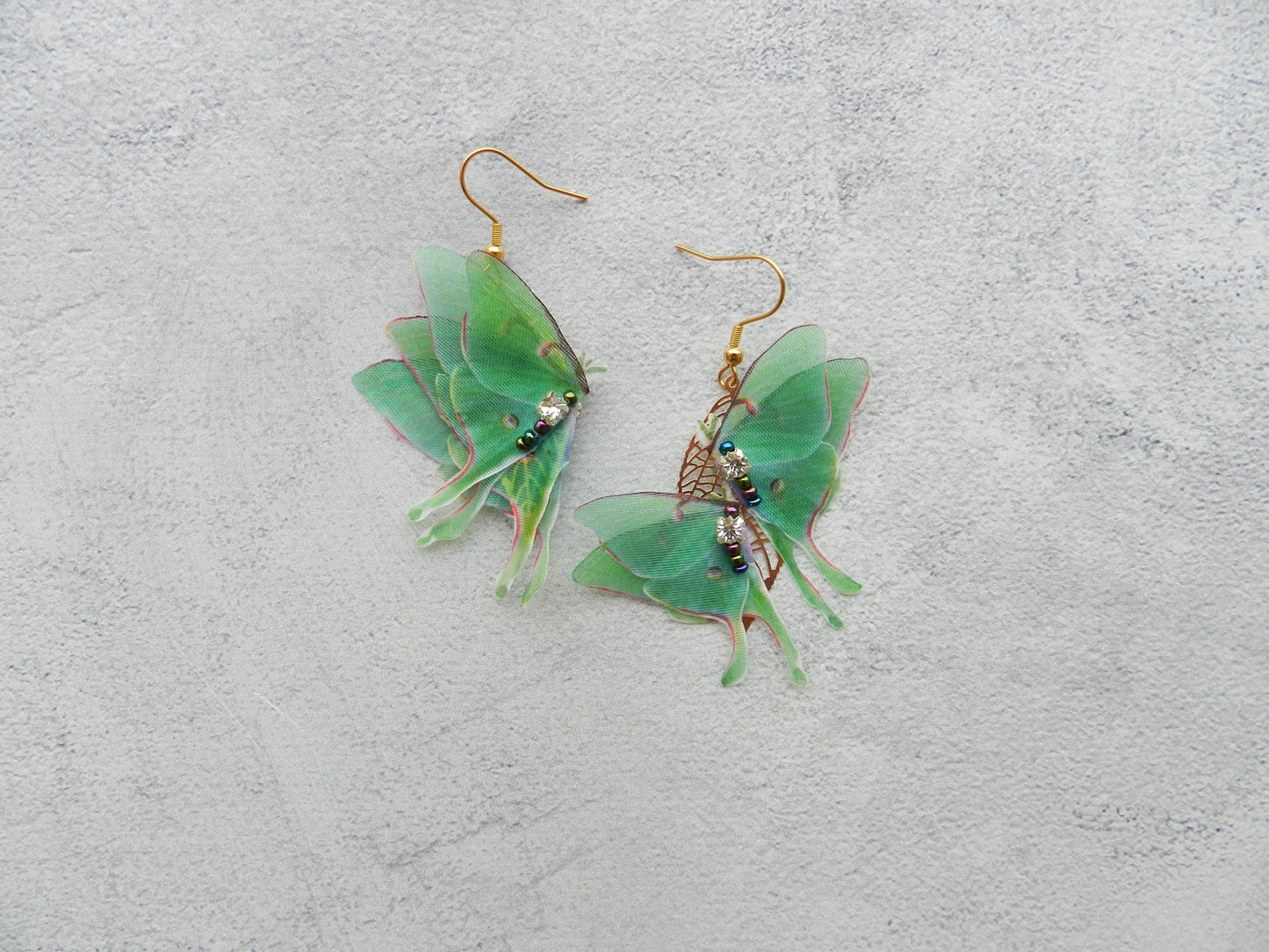 Luna moth butterfly mismatched drop earrings