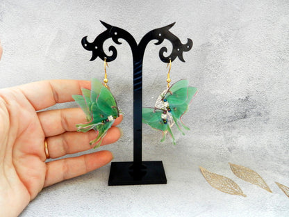 Luna moth butterfly mismatched drop earrings