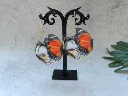 Red silk butterflies hoop earrings