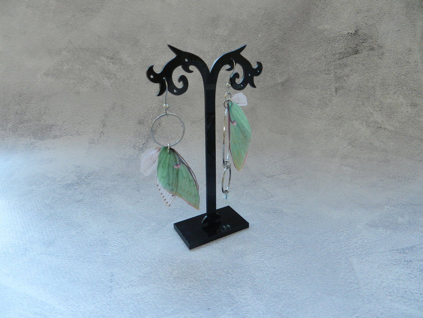 Luna moth mismatched drop long earrings