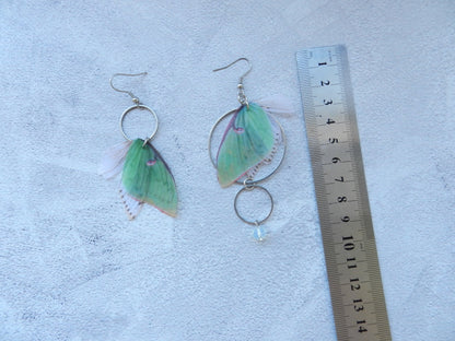 Luna moth mismatched drop long earrings