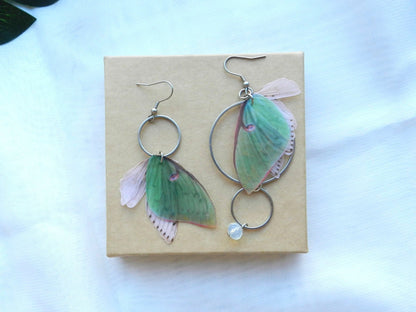 Luna moth mismatched drop long earrings