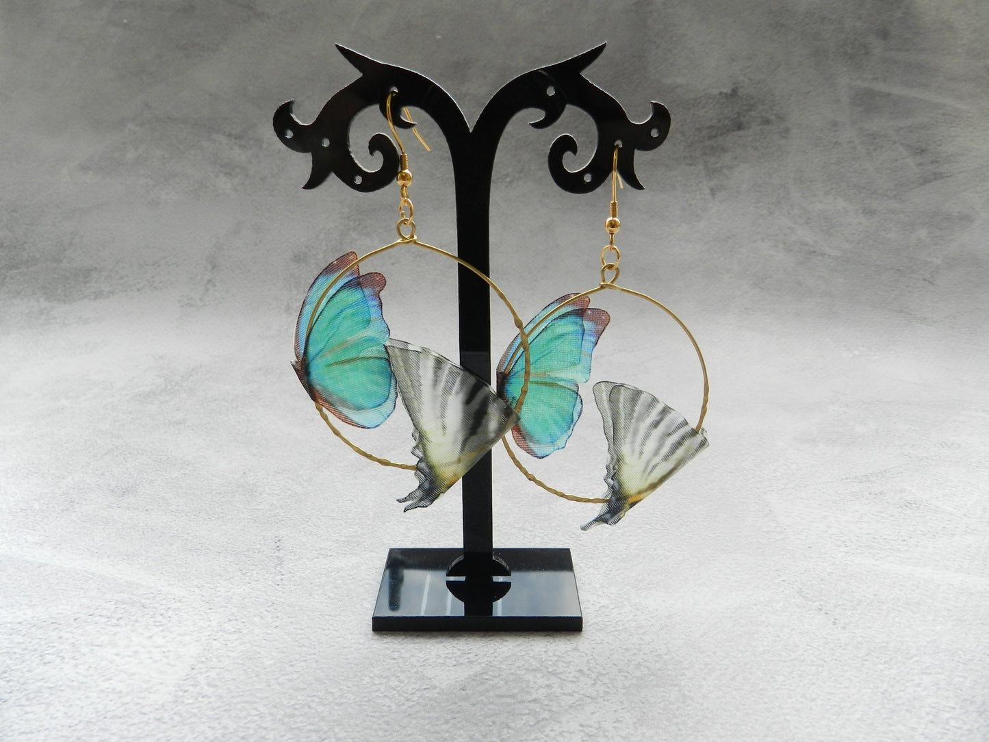 Silk bright green and gray butterflies hoop earrings