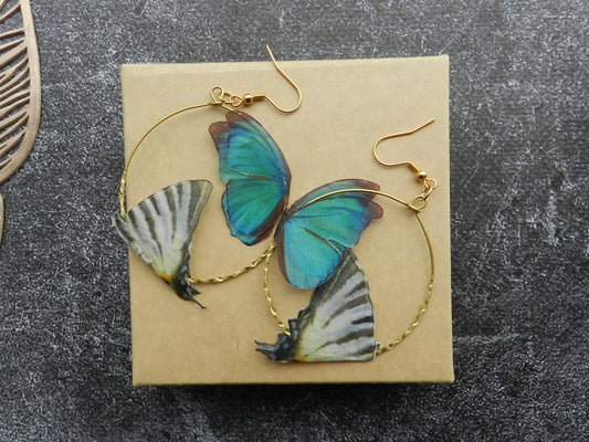 Silk bright green and gray butterflies hoop earrings