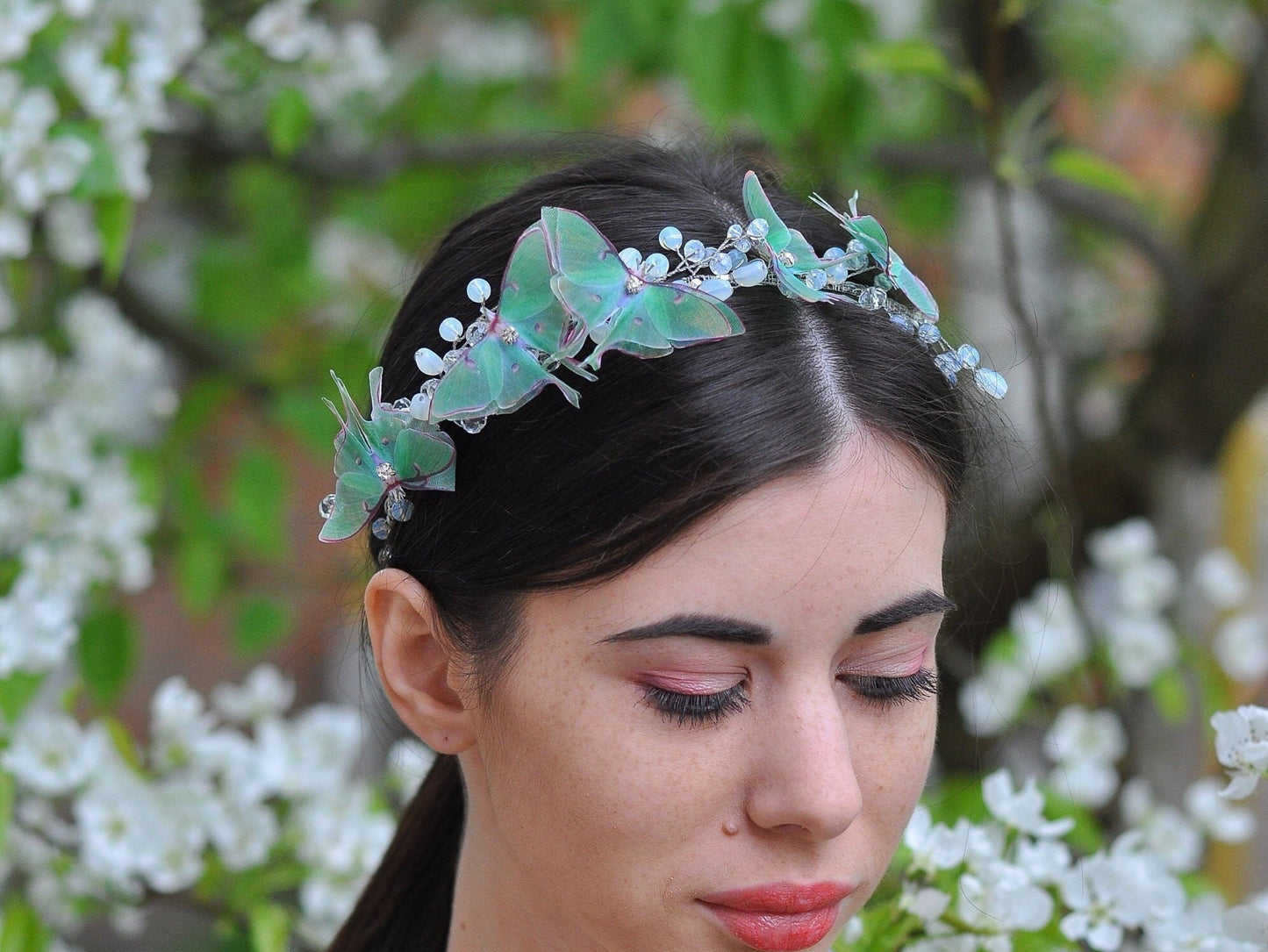 Silk Luna moth headband moonstone crystals and gold wire