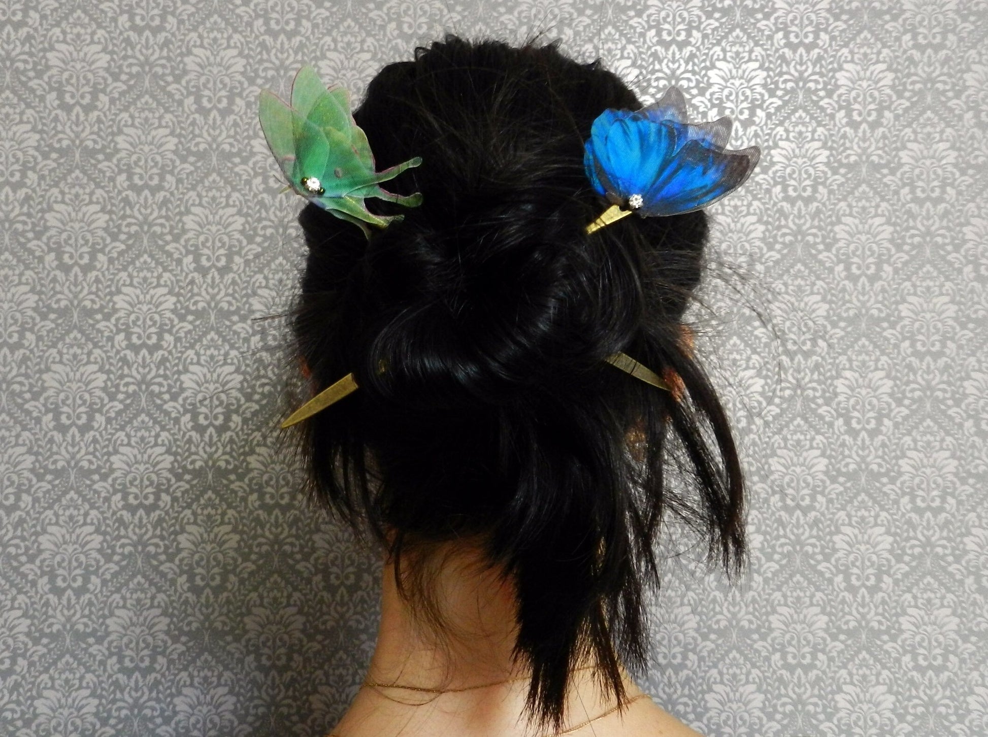 Hair stick blue or green silk butterfly