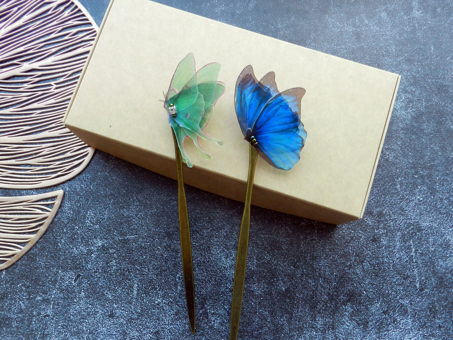 Hair stick blue or green silk butterfly