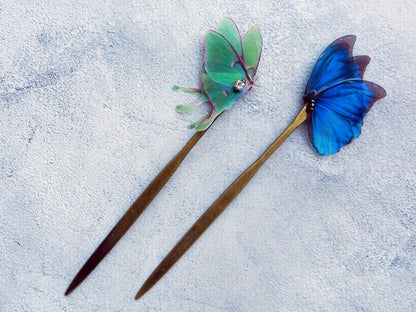 Hair stick blue or green silk butterfly