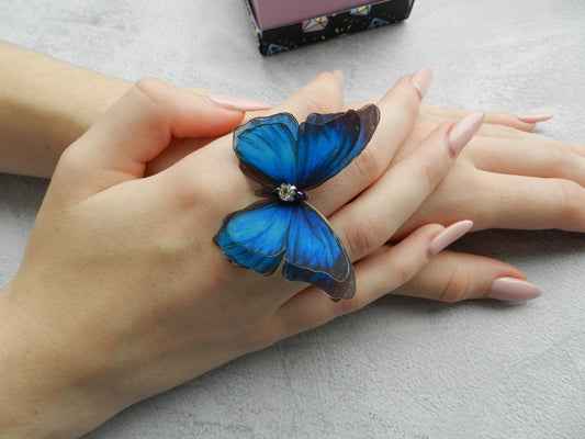 Morpho blue silk butterfly unique ring adjustable size