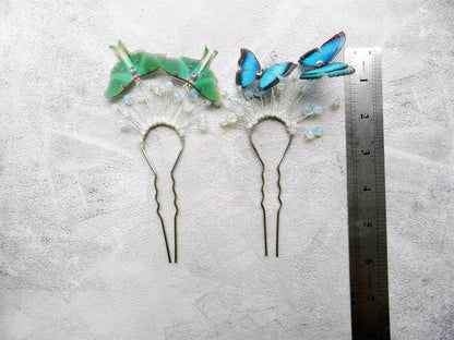 French hair pin silk luna moth butterfly and moonstones