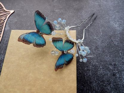 French hair pin silk blue morpho butterfly with moonstones