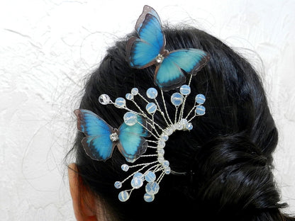 French hair pin silk blue morpho butterfly with moonstones