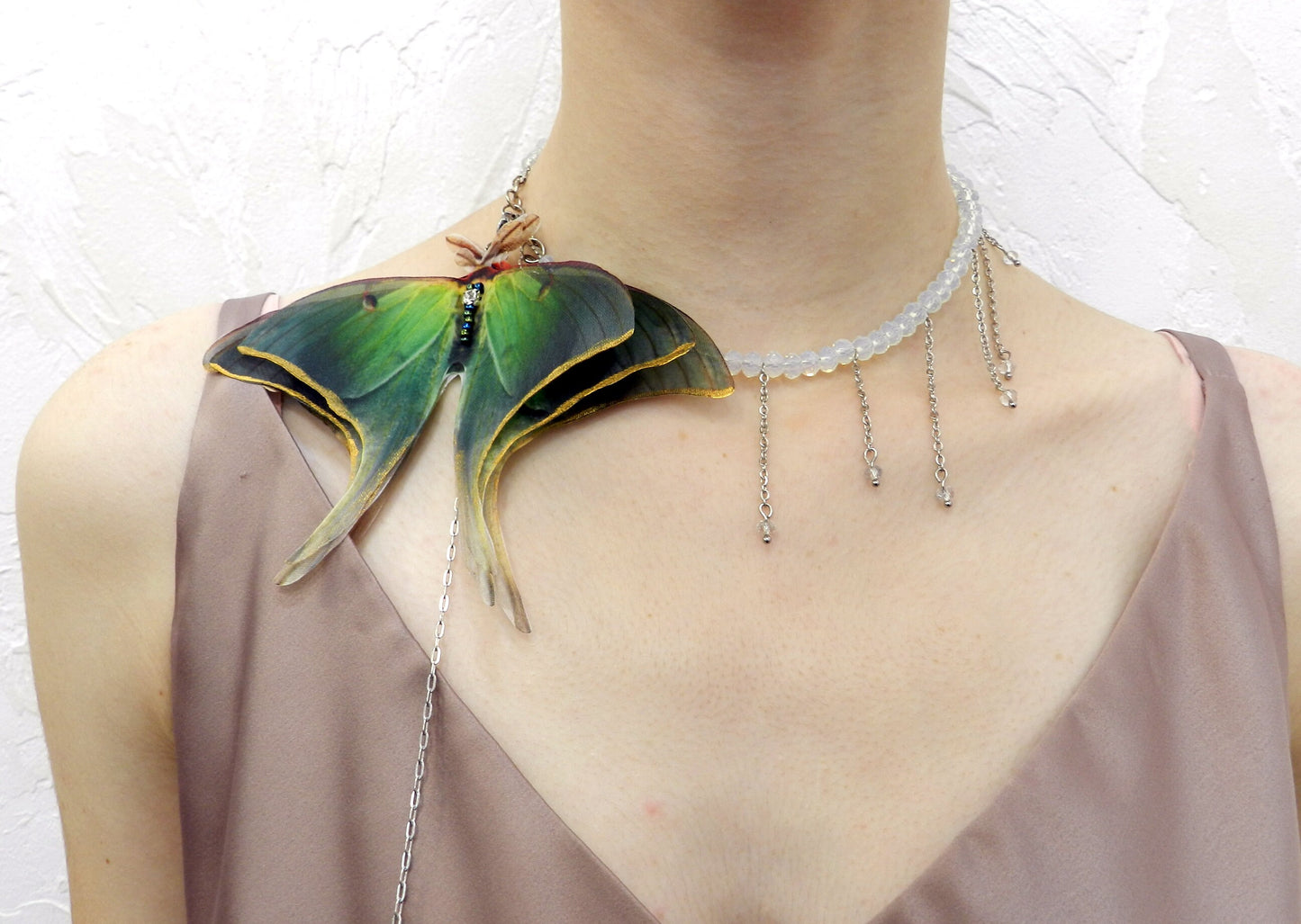 Luna moth extra large pendant choker backdrop necklace with moonstones