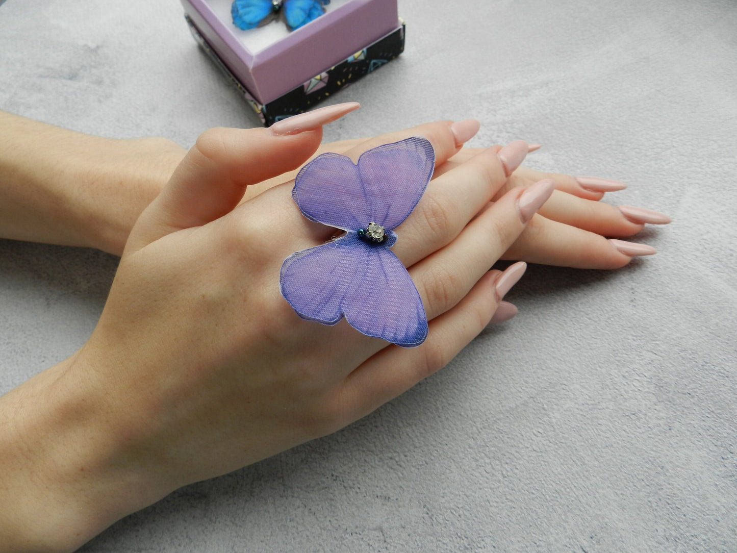 Morpho blue silk butterfly unique ring adjustable size