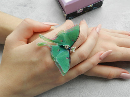 Luna moth silk butterfly ring adjustable size