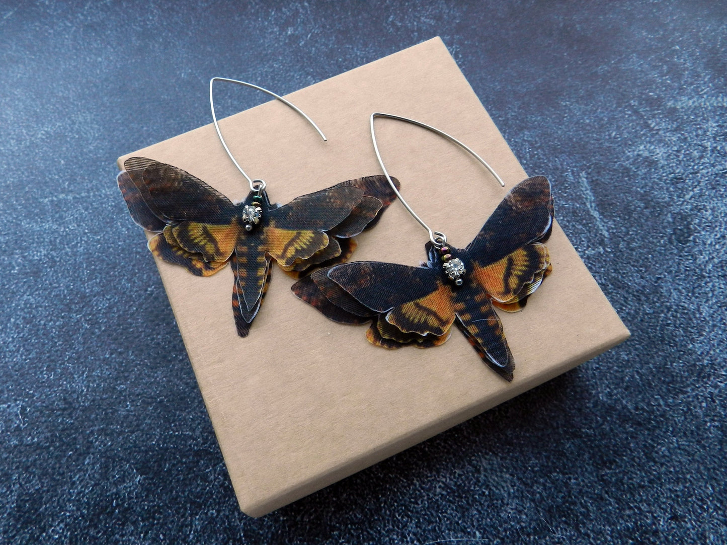 Death Head Moth Silk Butterfly Drop Earrings