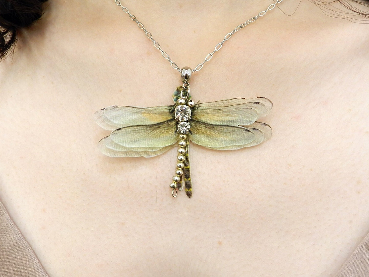 Silk dragonfly pendant necklace