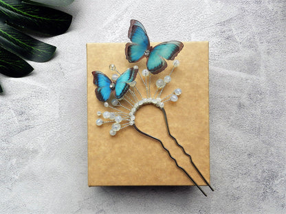 French hair pin silk blue morpho butterfly with moonstones