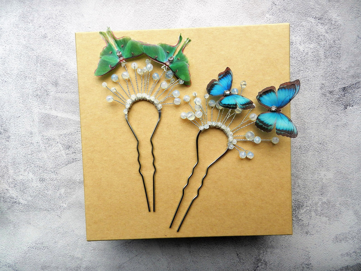 French hair pin silk blue morpho butterfly with moonstones