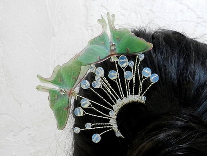 French hair pin silk luna moth butterfly and moonstones