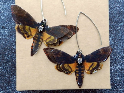 Hawk Moth silk butterfly drop earrings - Death head moth insect jewelry