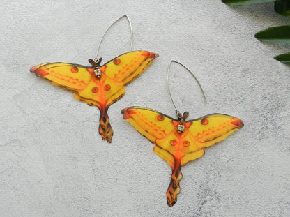 Bright Yellow Silk Comet Moth Drop Earrings