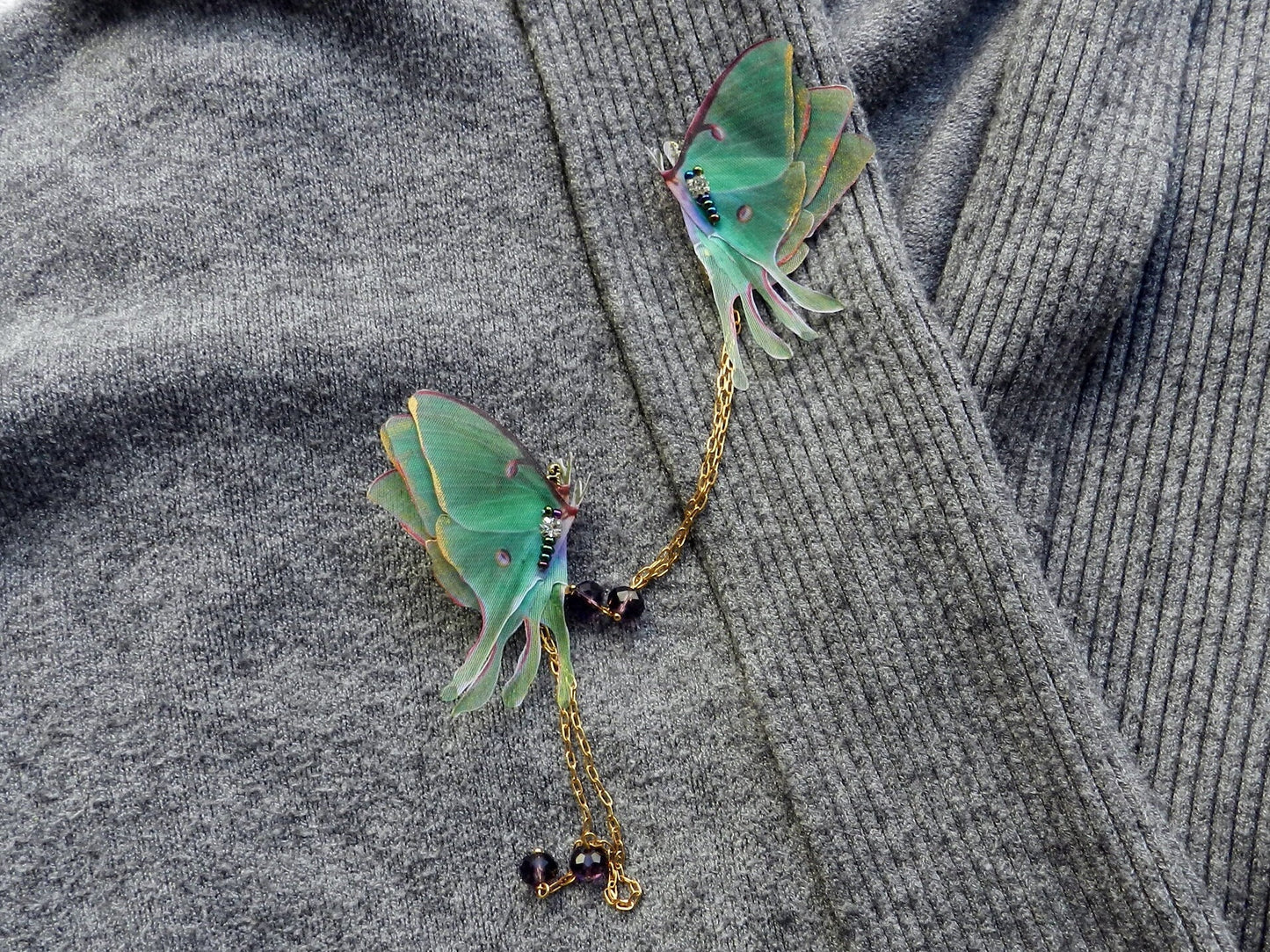 Silk luna moth butterfly collar clip with chains