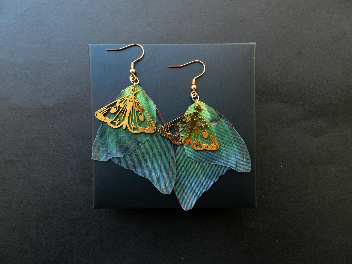 Luna moth silk butterfly wings drop and dangle earrings