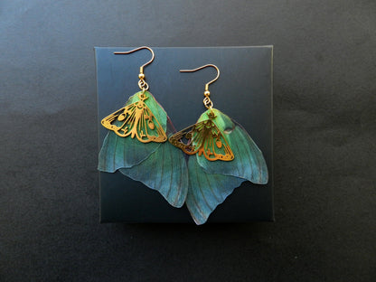 Luna moth silk butterfly wings drop and dangle earrings